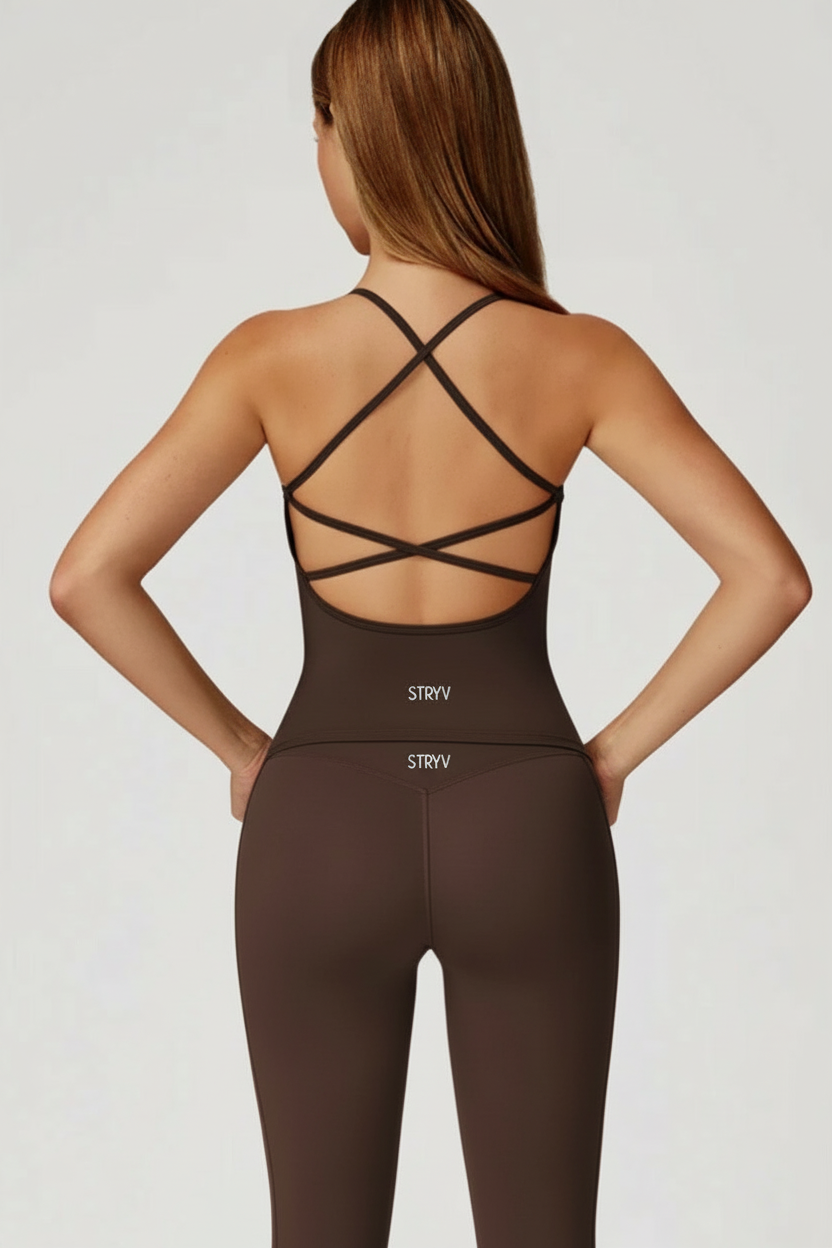 Brown STRYV Crossback Unitard Back View