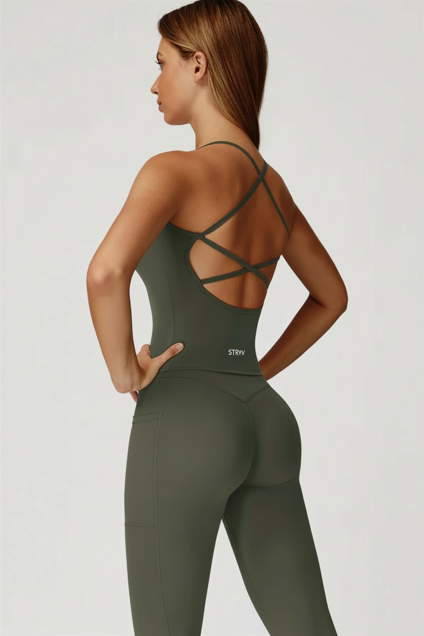 Olive Green STRYV Crossback Unitard Back View