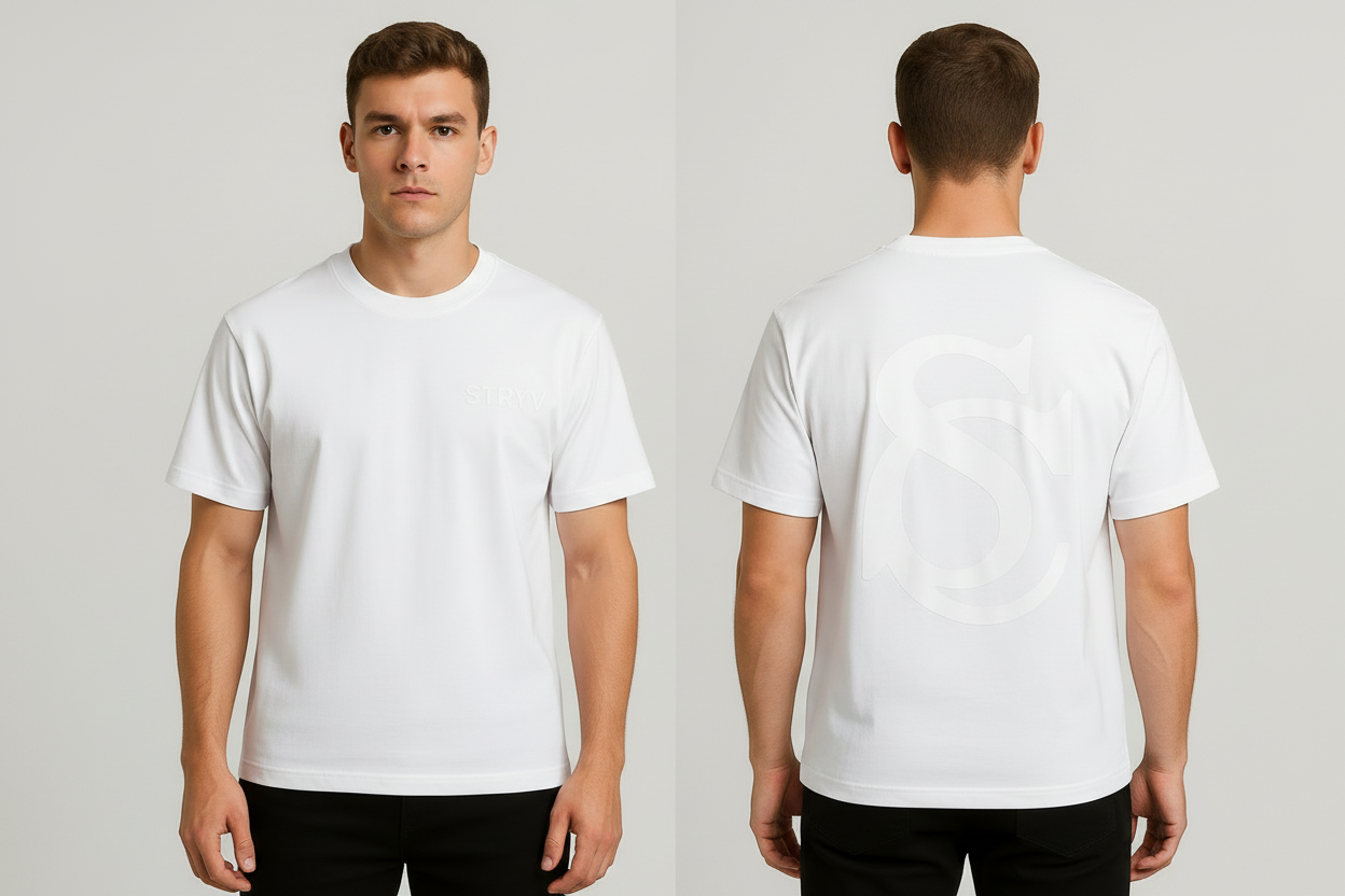 White STRYV t-shirt with tonal white text front and back