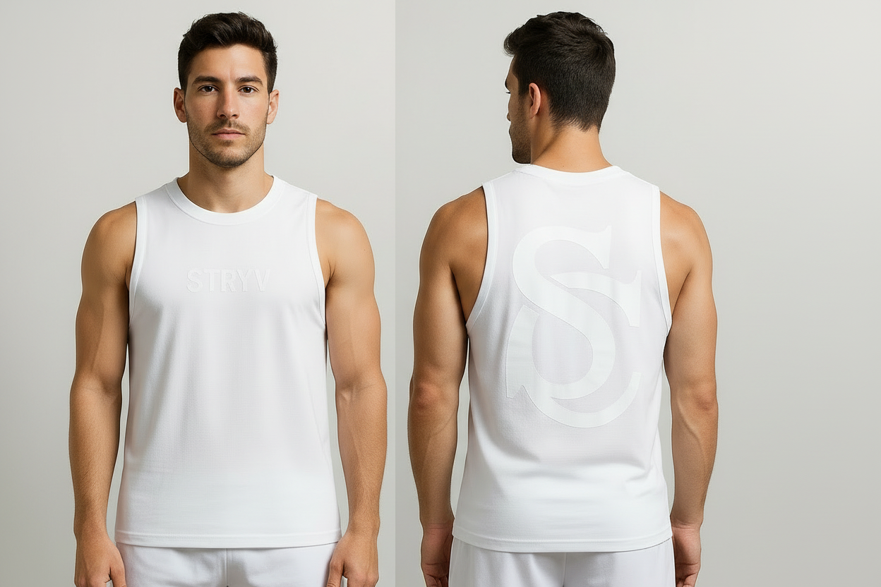 White STRYV tank top with tonal white text front and back